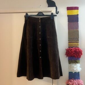Vintage Dark Brown REAL SUEDE Midi Skirt with Button Accents